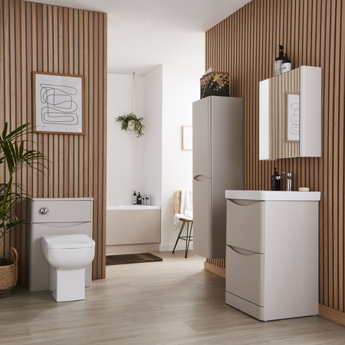 Wood panelled bathroom with matt cashmere cupboards